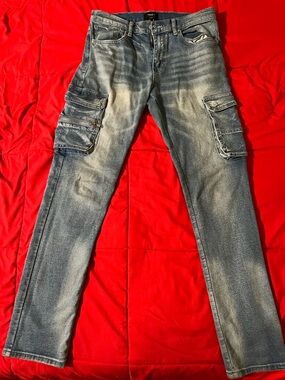 Forever 21 Men's Washed Blue Slim Straight Cargo Jeans